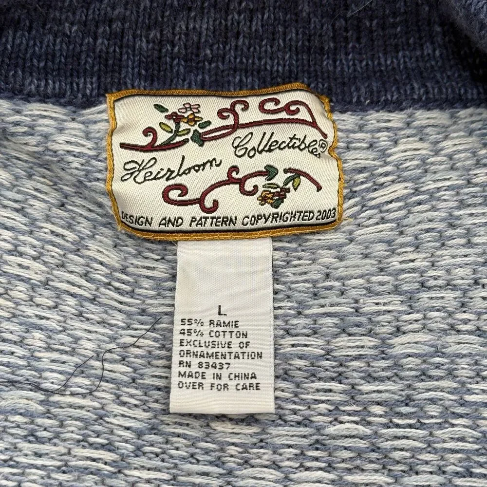 Vtg Heirloom Collectibles Sweater Large Blue Winter Snowflakes Knit Full Zip Y2K